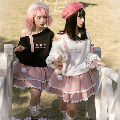 taobao agent Jin Mu original heartbeat spring and autumn off -shoulder sweaters long -sleeved shirt with a short skirt two -piece college style age reduction set