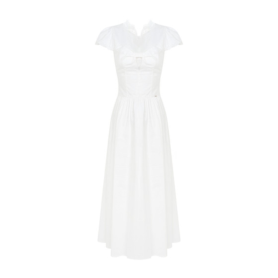 
Chen Yao's same style Kroche 26ss twist design French lace puff sleeve waist A-line holiday dress