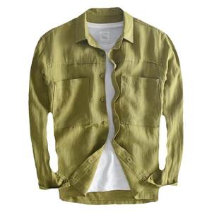 Hanxu double pocket workers long -sleeved flax shirt men in spring casual loose pure color hemp shirt jacket men