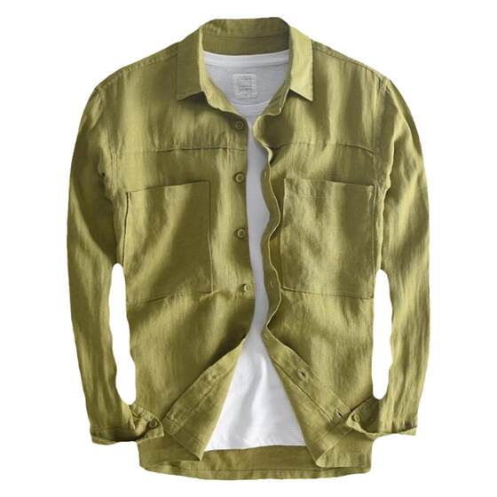 Hanxu double pocket workers long -sleeved flax shirt men in spring casual loose pure color hemp shirt jacket men