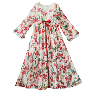 
Spot [Fang Chun Song] Chiffon flared sleeve dress for women in summer V-neck printed high-waist pullover large sway skirt