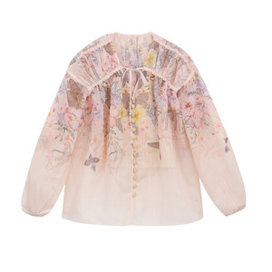 
SourceWithU floating flowers [zim] imported machine precision printed pink drawstring shirt skirt