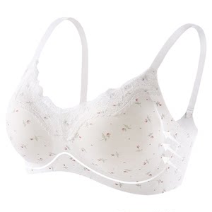 
Catman Pure Cotton Underwear Women's Small Breast Gathering Side Breast Seamless Bra French Floral Lace Trim Girls Bra