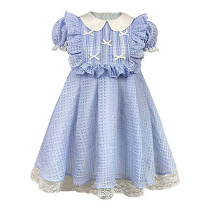 Narrator original design blue plaid doll neck lace lace bubble sleeve short sleeved A-line dress