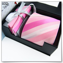 Qixi Wedding Tie Pink Stripe Men's Formal Silk Tie Cufflinks Handkerchief Gift Box Set
