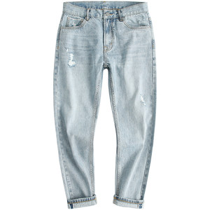 
Light Blue Ripped Nine-Point Jeans Men's Summer New Casual Straight Leg Loose Stretch Tapered Pints
