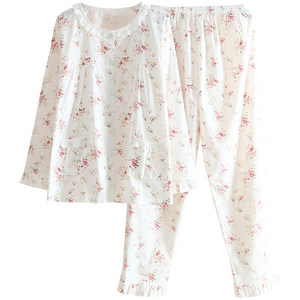 All -cotton oblique cloth pajamas Female spring and summer thin long -sleeved small fresh floral woven cotton cloth pajamas home clothes