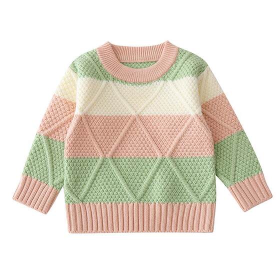 
Boys and girls sweater pullover thread children's fashionable Korean version of children's baby round neck plus strip plus velvet thickened knitted sweater