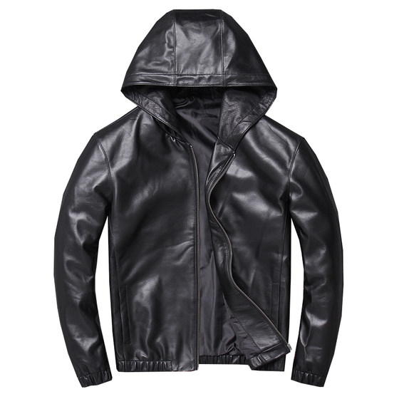 
Genuine leather jacket for men Haining Sheepskin Hooded Windproof Handsome Slim Motorcycle Leather Jacket Autumn Korean Style Trendy Jacket