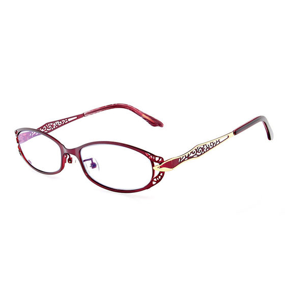 Women's young fashion metal glasses rack elegant carving hollow mature glasses frame with close -view wine red pink