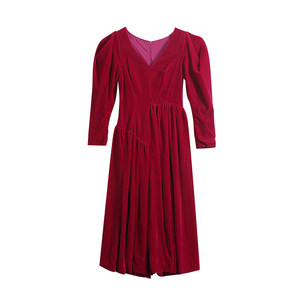 Forevercan spring new irregular velvet slim Vedic high waist pleated high -waisted benign orange orange dress female
