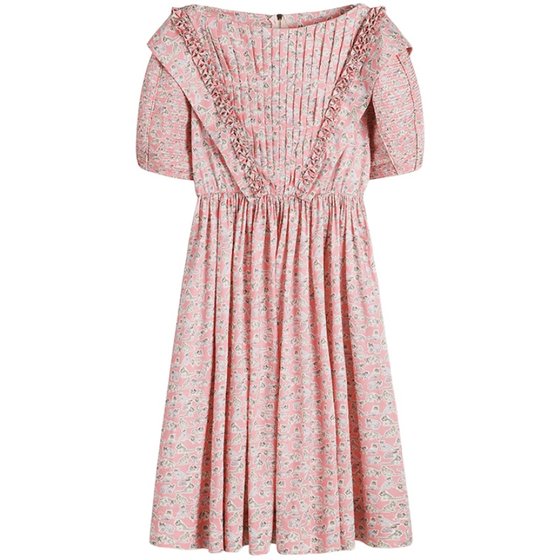 
CAN new summer style cute pink round neck high waist dress women's street style popular lantern sleeve mid-length skirt