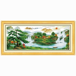 The Embroidered Pure Hand-made Cross-stitch Finished Product Welcomes Visitors To The Picturesque Songjiang Mountains, A Cornucopia Of Wealth And Prosperity, And A Large Machine-embroidered Picture