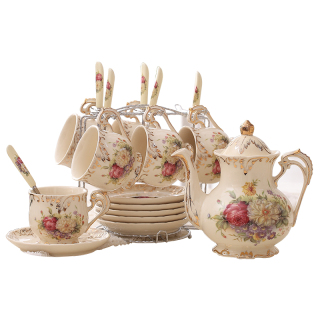 Tazza In Bone China 300 Ml - Floreale Rossa Con Manico Oro - Porcellana Fine Per Caffè E Tè