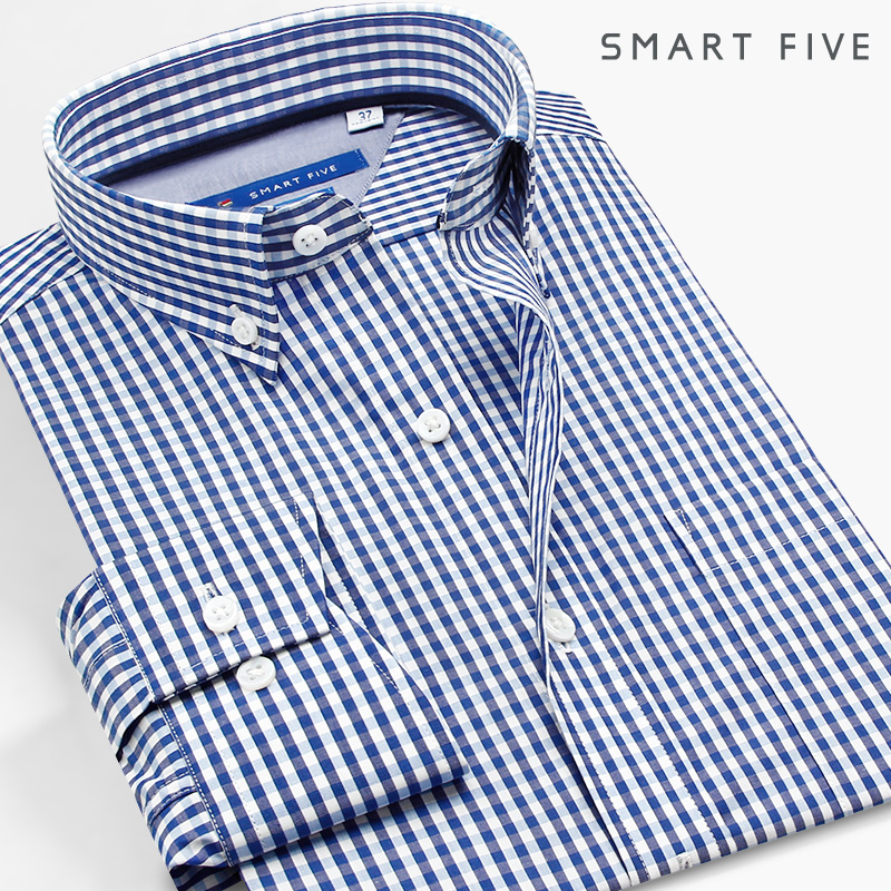 SmartFive 秋装蓝白小格子时尚休闲韩版商务衬衫男士长袖纯棉衬衣
