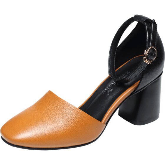 
2026 New Spring and Summer Women's Shoes One-Buckle High Heels Soft Leather Thick Heels Baotou Sandals Single Shoes Medium Heels Genuine Leather Shoes