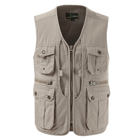 Middle -aged and elderly vest men's spring and autumn cotton multi -pocket vest outdoor fishing reporters photography vest v -neck shoulder
