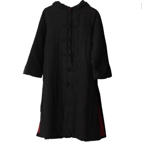
Chinese style men's cotton linen Tang suit with hooded buckle long gown cotton jacket robe Chinese style couple's cotton jacket