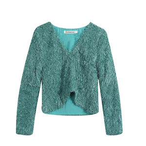 Forevercan autumn outfit new socialite versatile V-neck pullover short green fur top temperament sweater for women