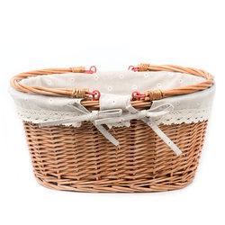 Wicker, rattan and straw covered storage basket with lace and linen storage basket for toys, clothes, snacks and miscellaneous items