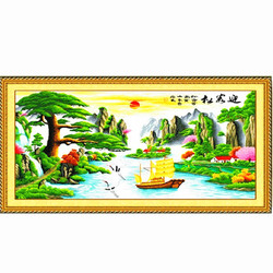 Welcoming Pine Wealth Version Cross Stitch Finished Decoration Painting Living Room Large Painting Embroidered Good Fortune Gathering Money Flowing Water Produces Wealth With Frame