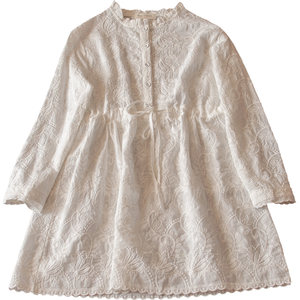 
2019 Korean Spring Clothing New Pure Cotton Long Sleeve Dress Wood Essence Embroidered Lace Collar Drawstring High Waist Skirt Art