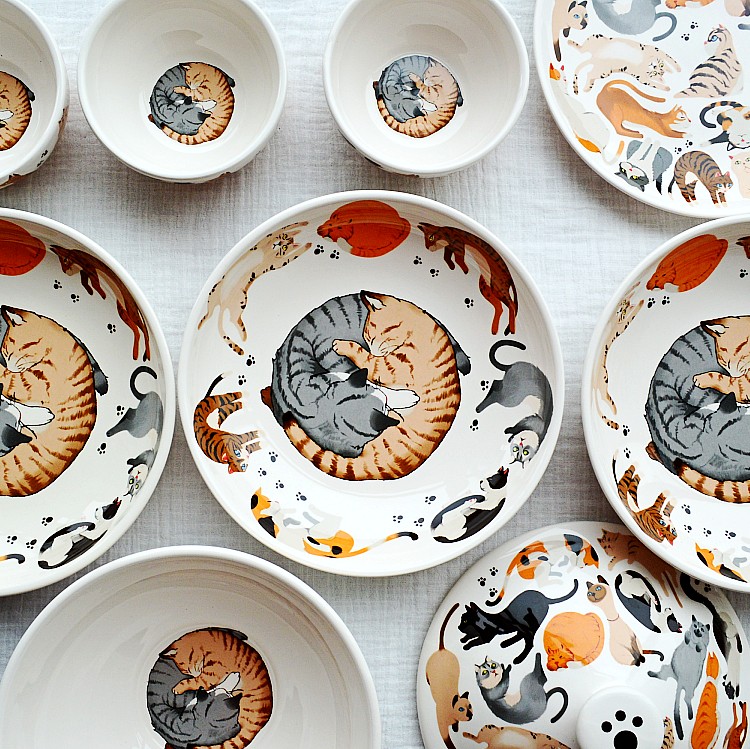 埃兰迪尔日式风陶瓷餐具猫咪家用平盘深盘菜盘米饭碗面碗汤碗套装