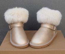 冬季皮毛一体兔毛口雪地靴女棉鞋真皮牛皮短筒金属米金色棉靴短靴