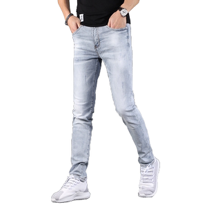Hong Kong jeans men's summer thin slim -fit small feet long pants light -colored elasticity simple wild men's leisure pants