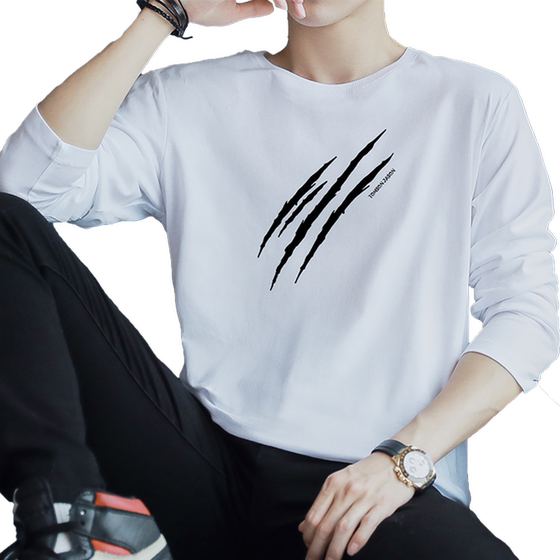 Pure cotton long -sleeved T -shirt men's autumn and winter round collar clothes tide brand trend and loose autumn clothing men's inner body shirt bottom shirt