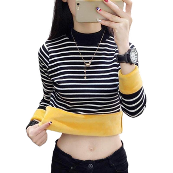 Ploved velvet thick inner bottom shirt female autumn and winter new large size half -high -neck stripe long -sleeved T -shirt warm top
