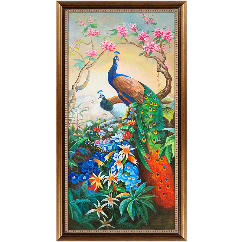 新中式纯手绘孔雀油画玄关装饰画走廊吉祥招财引贵壁画