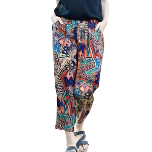 Cotton and silk casual pants short artistic cotton loose colorful colorful cropped jeans sunscreen anti -mosquito hallen pants female summer thin
