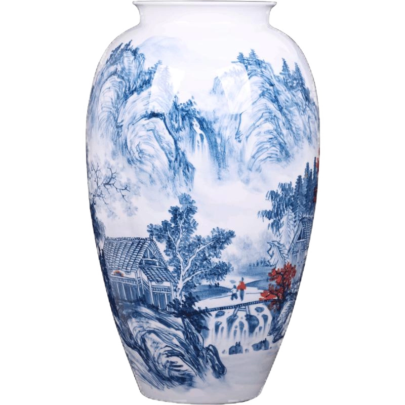 景德镇陶瓷器大师手绘青花瓷花瓶山水画新中式客厅玄关装饰品摆件