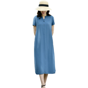 
Cotton silk dress women's summer 2026 new solid color short-sleeved long loose slimming a-line skirt artificial cotton long skirt