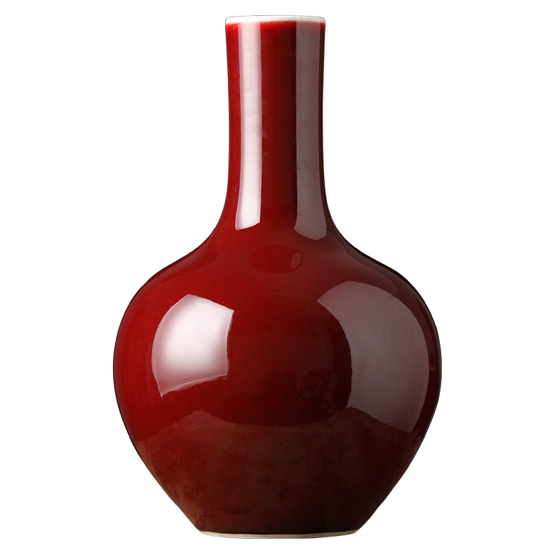 景德镇高端瓷器双耳郎红花瓶摆件客厅插花精品红色陶瓷原矿葫芦瓶