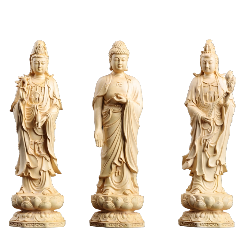 遊】細工黄楊木製 西方三聖紋仏壇高彫 開運置物 美品 10cm0411