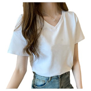 White cotton V-neck short-sleeved T-shirt for women 2026 early spring new summer loose large size women's top clothes ins trend