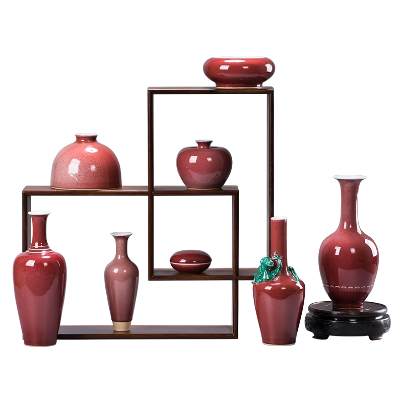 景德镇高端瓷器双耳郎红花瓶摆件客厅插花精品红色陶瓷原矿葫芦瓶