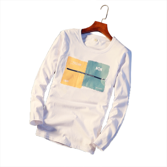 
Men's long-sleeved t-shirt pure cotton Korean style trendy printed men's tops white t-shirt trendy spring bottoming shirt