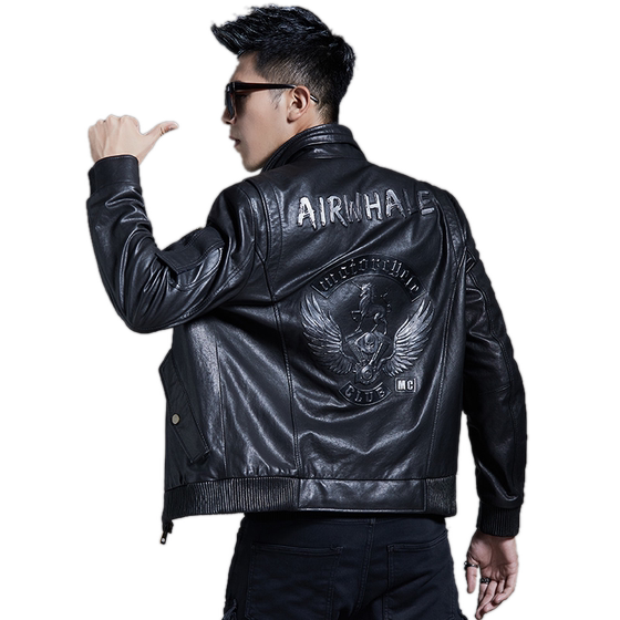 Autumn and winter Haining men's leather jacket stand -up collar leather leather leather leather leather jacket short casual printing tide
