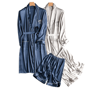 Men's spring and autumn silk long -sleeved pajamas suite set in summer thin cooler silk pajamas men's middle long bathrobe and yukata