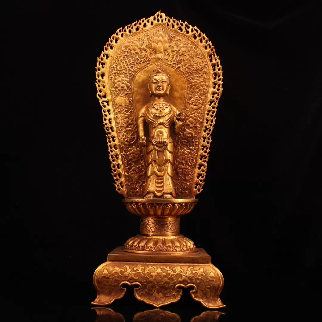 時代古美術・XA118 大明永樂年施 紫銅塗真金 鏨刻花紋釈迦