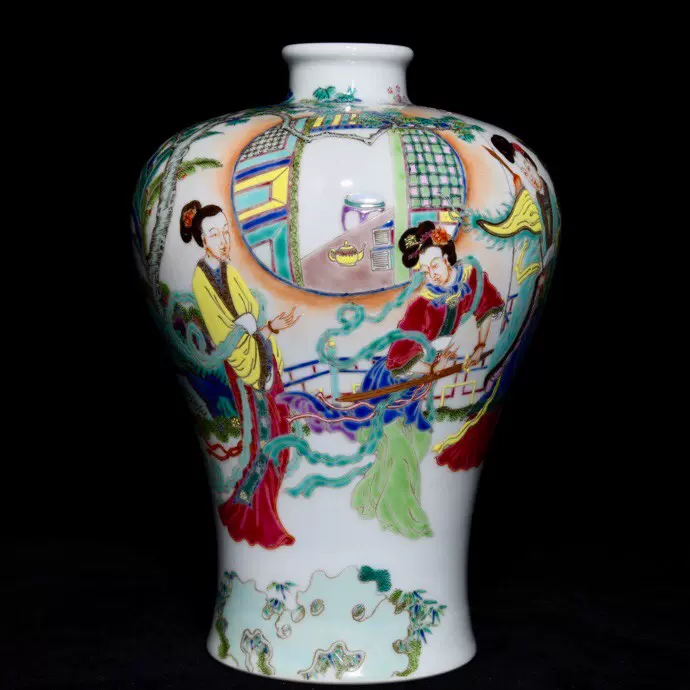 雍正粉彩仕女人物纹梅瓶，高23.5直径16，-Taobao