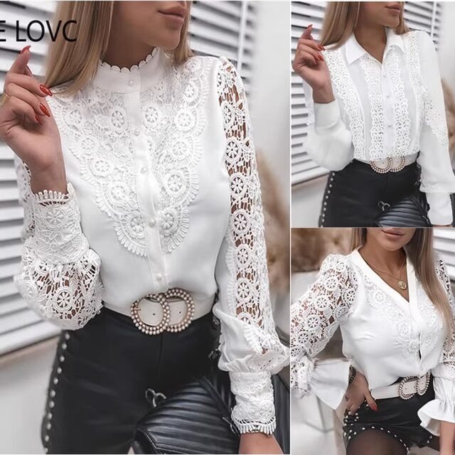 European Station 2023 European and American AliExpress wish hot shirt new solid color lace V-neck cardigan women's shirt
