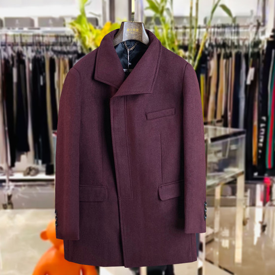 50% wool wool coat in autumn and winter men's burgundy fashionable stand collar turtle collar lapel jacket G4Q28