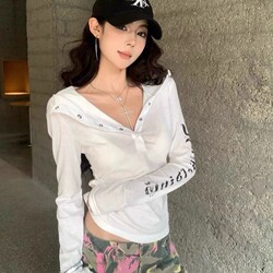 American Style Spicy Girl Hooded Niche Print Long-Sleeve T-Shirt for Women, New Autumn Slim-Fit Versatile Blouse Top