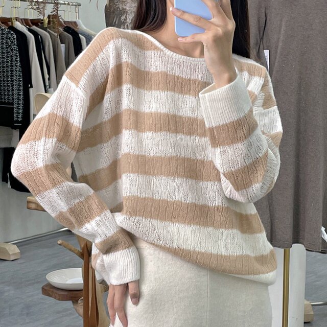 Pleasant Goat Loose Large Size One-Size Collar 100% Cashmere Striped Sweater Slim Needle Hollow Exposed Cladder Bone Slimming and Comfortable