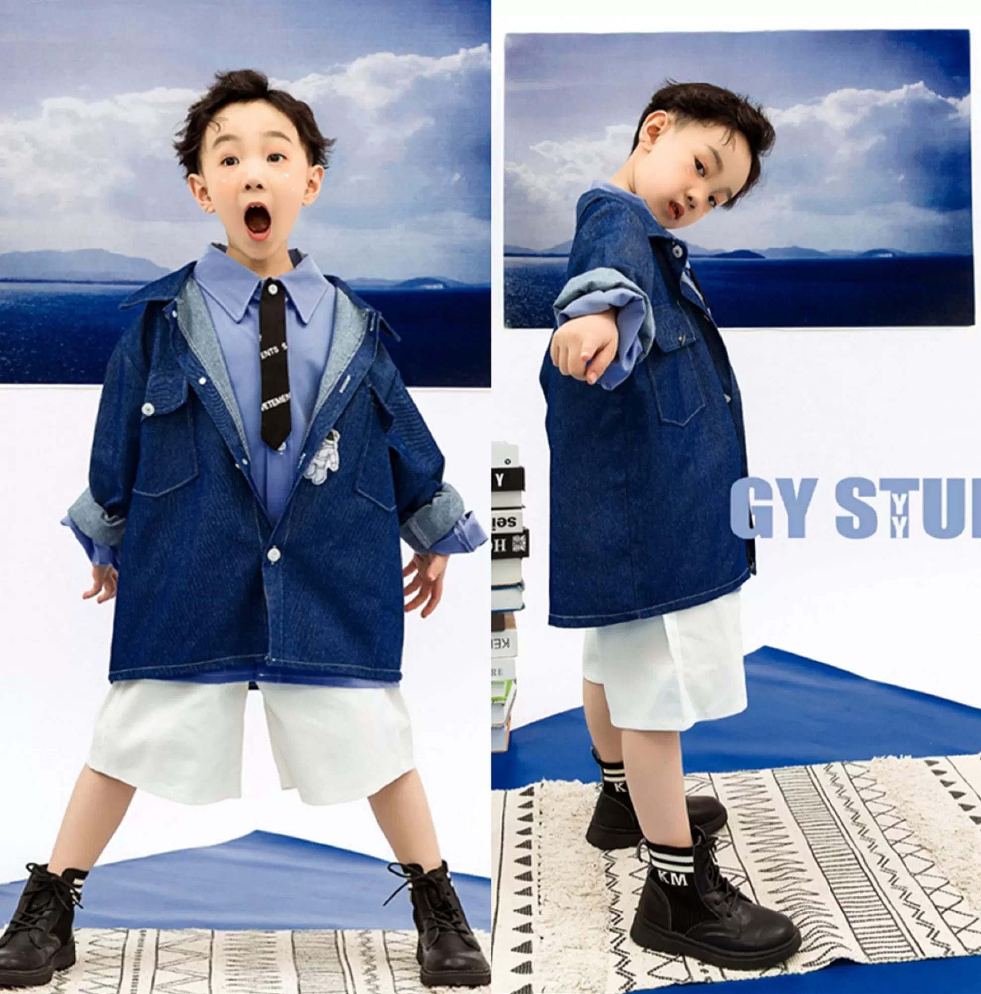 影楼新款儿童个性写真摄影服饰男大童时尚日系牛仔服主题造型套装-Taobao