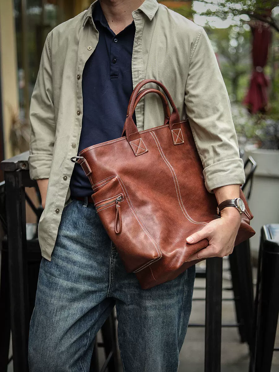 佐也原创男士真皮手提包复古托特包手工牛皮公文包大容量电脑背包